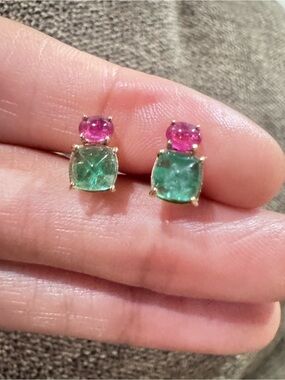 14K Gold Natural Emerald Ruby Stud Earrings 2.01CTW Cushion Cut Gemstones